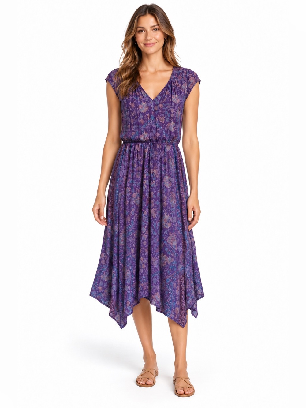 Lucky Brand Purple Paisley V-Neck Handkerchief Hem Midi Dress. Size Small